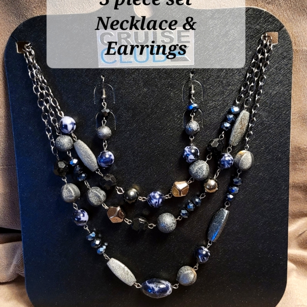 3-pc set - Blue Gray Earrings & Necklace Neaded set